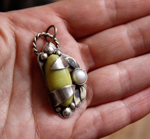 Shinju, Mother of pearl, lemon green aventurine sterling silver pendant