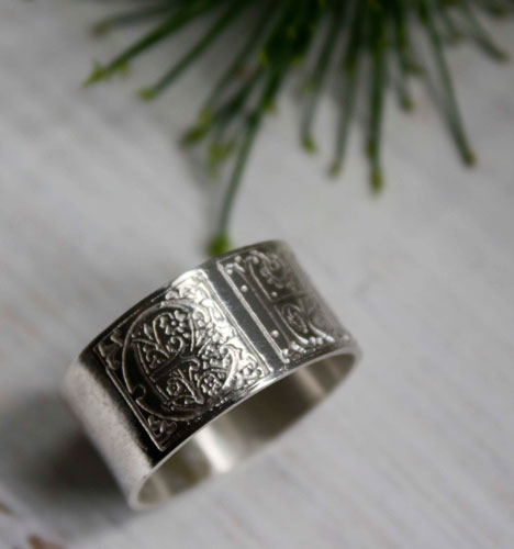 Sincere commitment, medieval illumination initials ring in silver