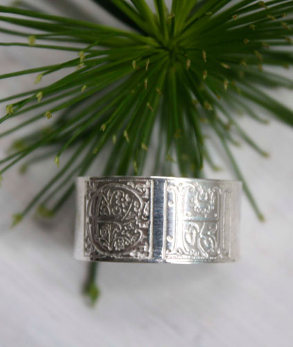 Sincere commitment, medieval illumination initials ring in silver