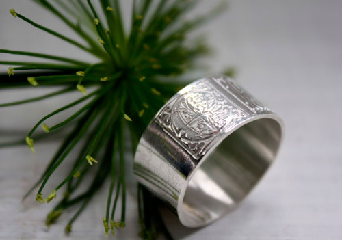 Sincere commitment, medieval illumination initials ring in silver