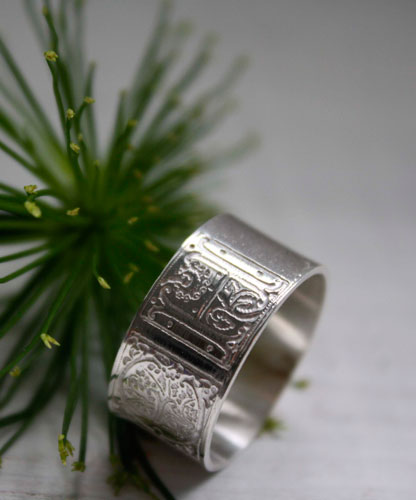 Sincere commitment, medieval illumination initials ring in silver