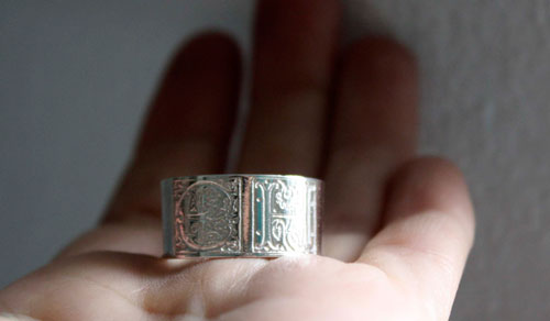 Sincere commitment, medieval illumination initials ring in silver