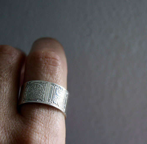 Sincere commitment, medieval illumination initials ring in silver