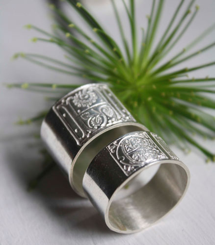 Sincere commitment, medieval illumination initials ring in silver