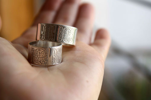 Sincere commitment, Medieval illumination wedding rings in sterling silver