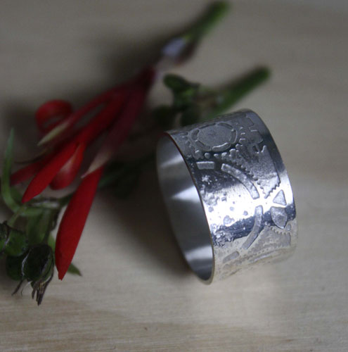 Steampunk, neo-victorian etched gears ring in sterling silver