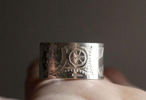 Steampunk, neo-victorian etched gears ring in sterling silver