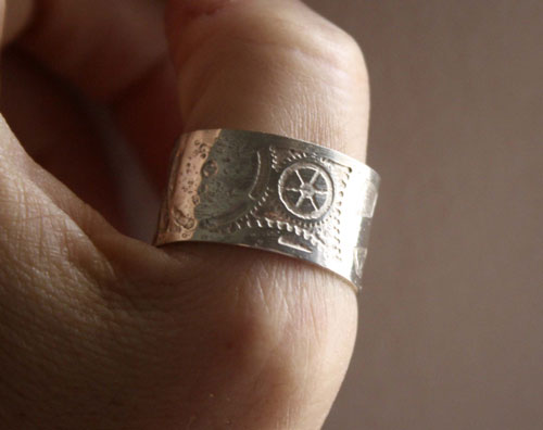 Steampunk, neo-victorian etched gears ring in sterling silver