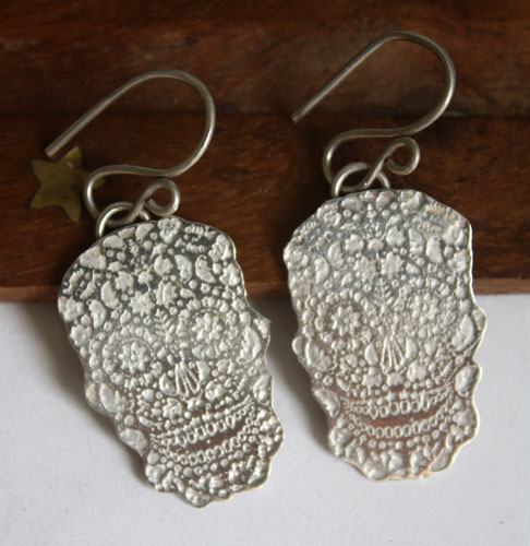 Sugar skull, mexican skull earrings in sterling silver