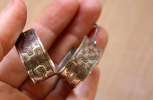 The gold cities, pre-hispanic zapotec meander earrings in sterling silver