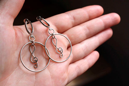 Treble clef, musical note earrings in sterling silver