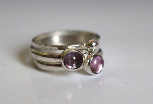 Wisteria branch, stacking rings in silver, alexandrite and corundum