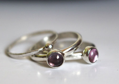 Wisteria branch, stacking rings in silver, alexandrite and corundum