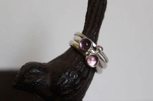 Wisteria branch, stacking rings in silver, alexandrite and corundum