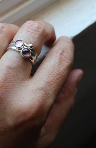 Wisteria branch, stacking rings in silver, alexandrite and corundum