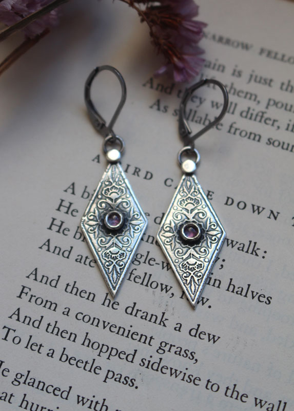 Belladonna dusky pink, floral renaissance earrings in silver and zircon