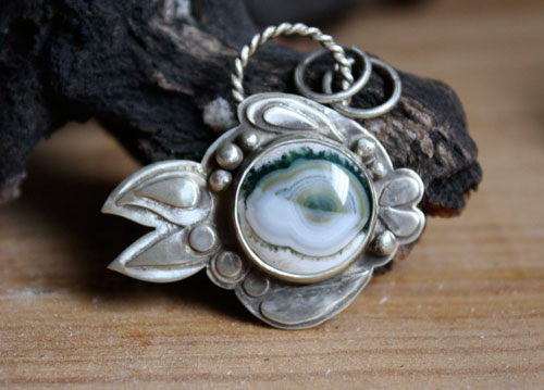 Blowfish, fugu fish, pufferfish pendant in silver and ocean jasper