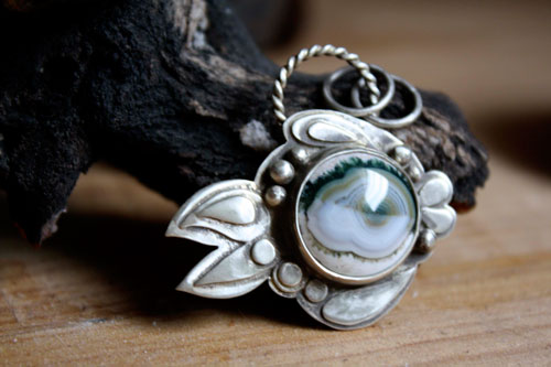 Blowfish, fugu fish, pufferfish pendant in silver and ocean jasper