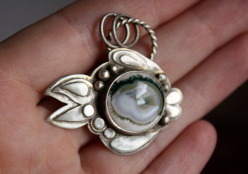 Blowfish, fugu fish, pufferfish pendant in silver and ocean jasper