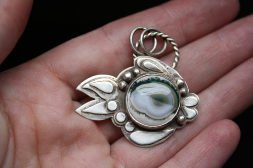 Blowfish, fugu fish, pufferfish pendant in silver and ocean jasper