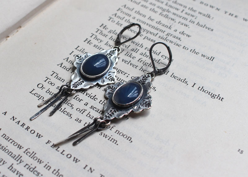 Bohemian, oriental earrings in silver and blue agate