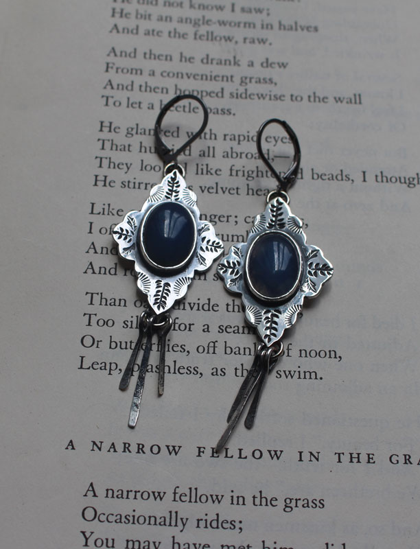 Bohemian, oriental earrings in silver and blue agate