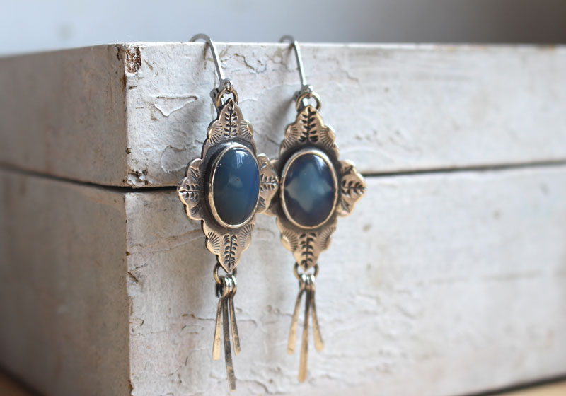 Bohemian, oriental earrings in silver and blue agate