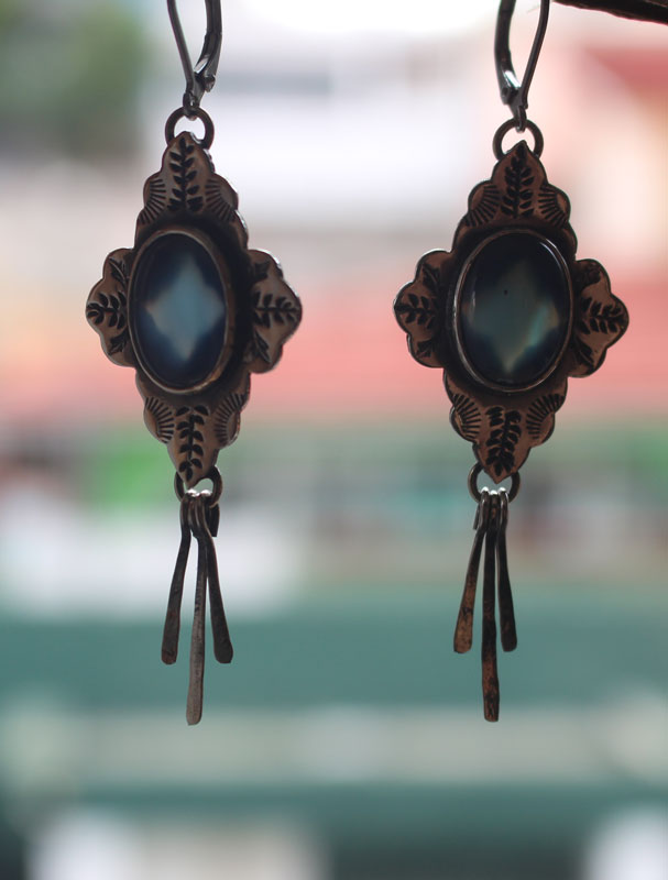 Bohemian, oriental earrings in silver and blue agate