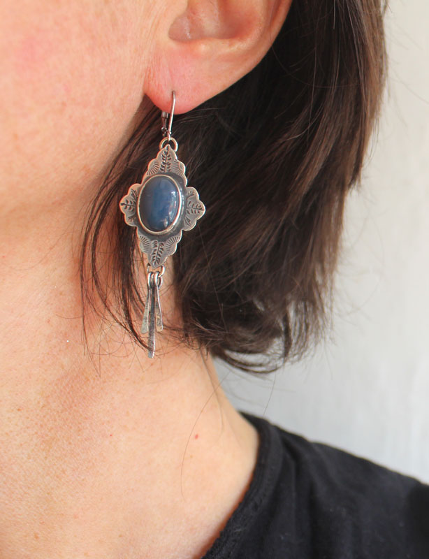 Bohemian, oriental earrings in silver and blue agate