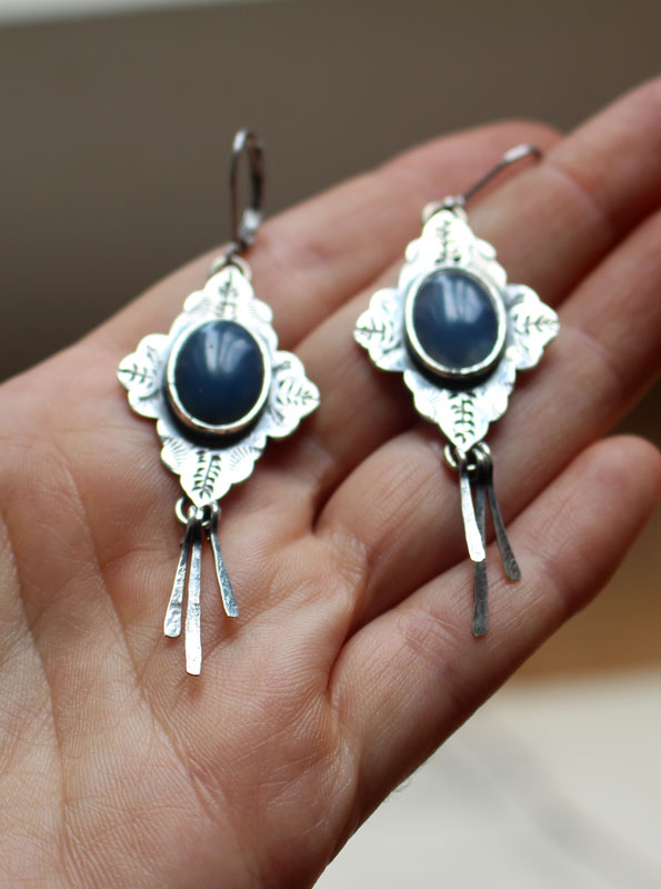 Bohemian, oriental earrings in silver and blue agate