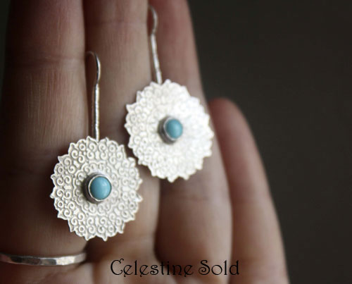 Celestine, indian mandala earrings in silver and turquoise