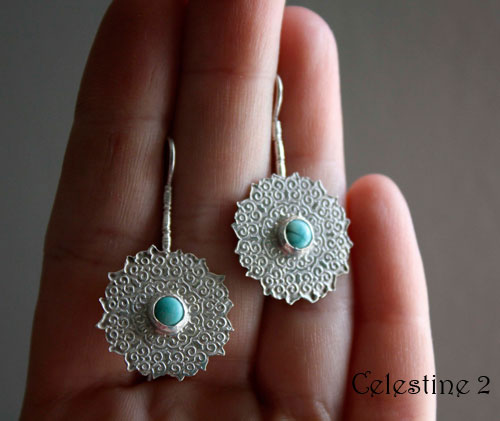 Celestine, indian mandala earrings in silver and turquoise