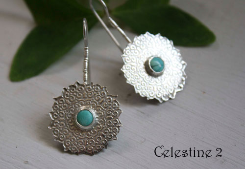 Celestine, indian mandala earrings in silver and turquoise