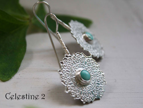 Celestine, indian mandala earrings in silver and turquoise