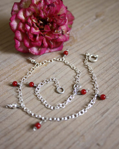 Coral, coral reef anklet and bracelet in silver and red coral