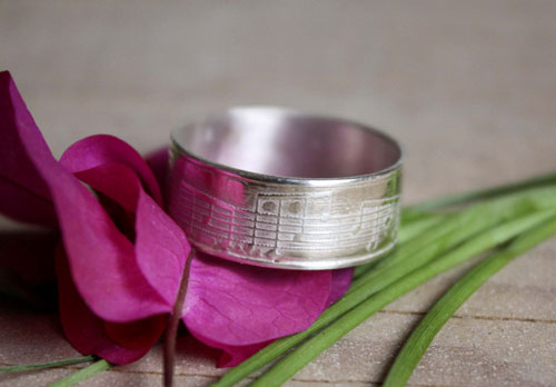 Crescendo, music notation ring in sterling silver