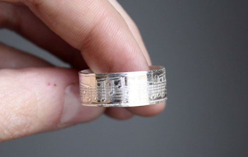 Crescendo, music notation ring in sterling silver