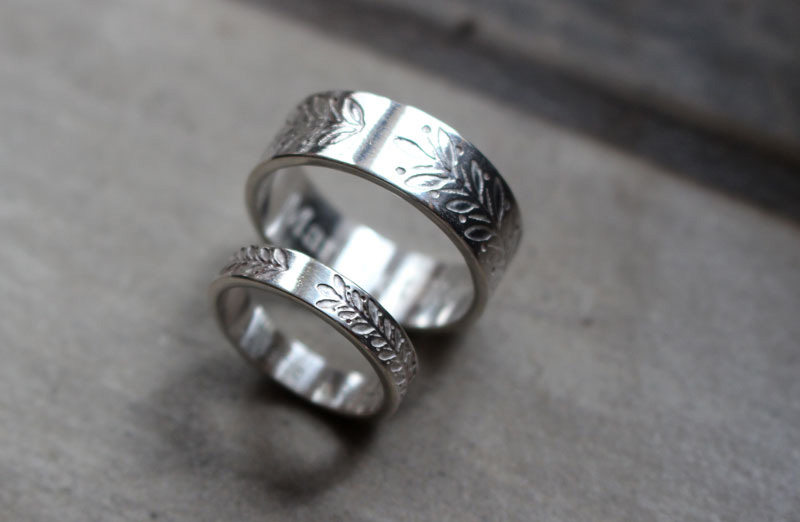 Custom wedding bands, botanical crown ring in silver