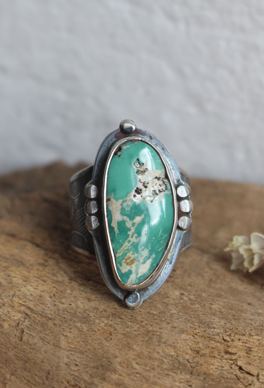 Go with the flow, origami boat ring in sterling silver and Nevada turquoise