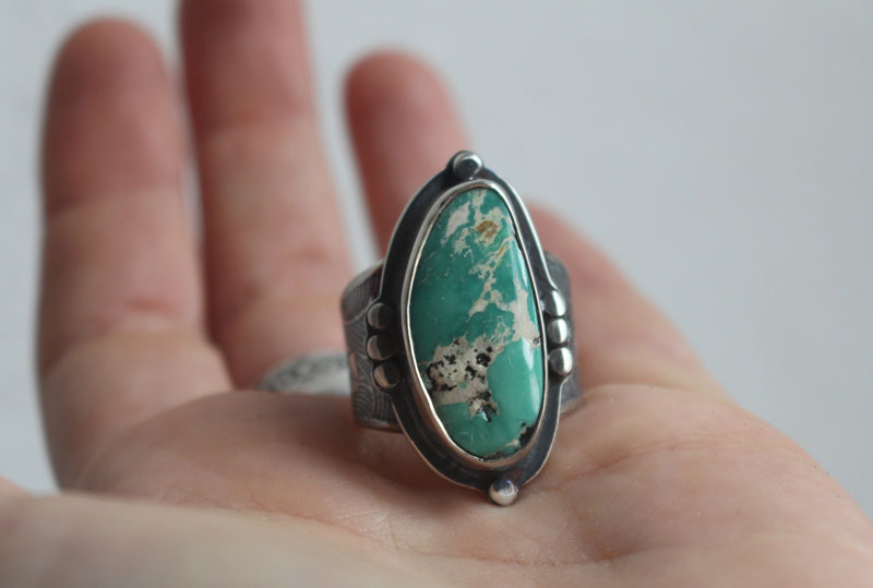 Go with the flow, origami boat ring in sterling silver and Nevada turquoise