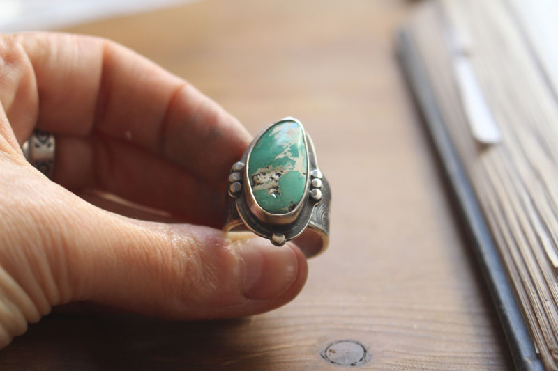 Go with the flow, origami boat ring in sterling silver and Nevada turquoise