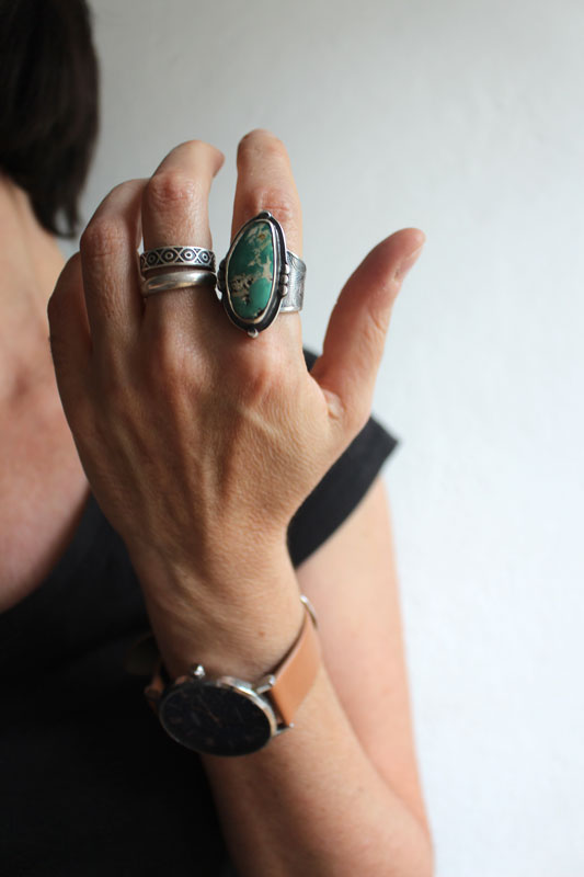 Go with the flow, origami boat ring in sterling silver and Nevada turquoise