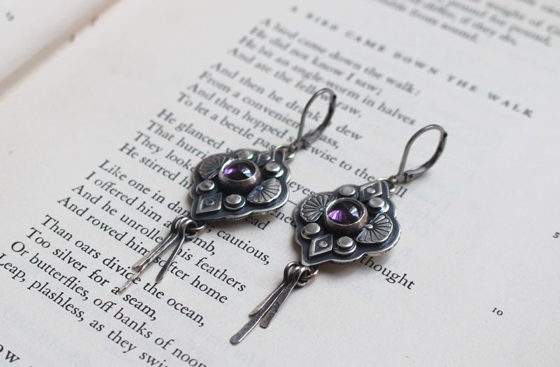 Hana, japanese flower earrings in silver and purple zircon