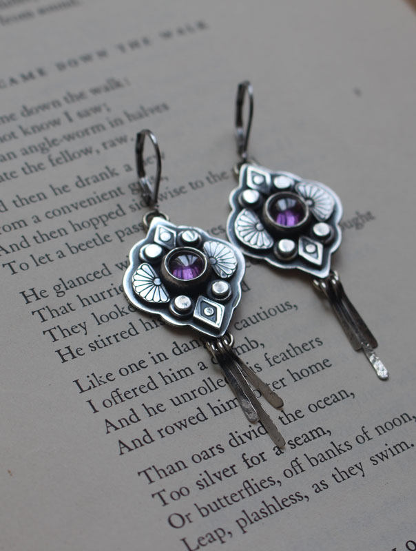 Hana, japanese flower earrings in silver and purple zircon