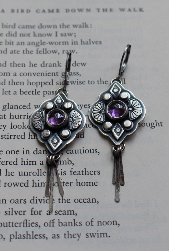 Hana, japanese flower earrings in silver and purple zircon