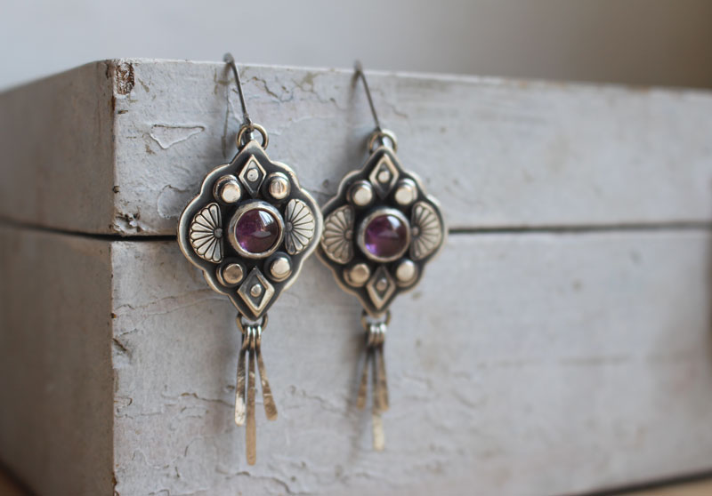 Hana, japanese flower earrings in silver and purple zircon