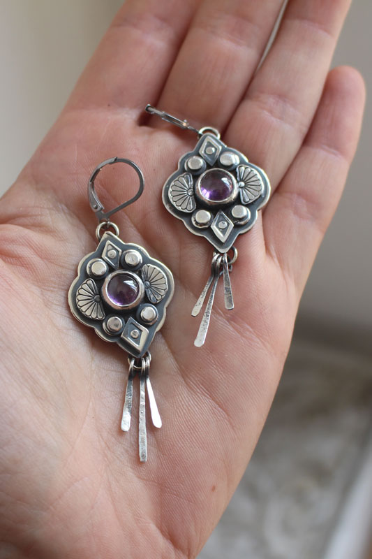 Hana, japanese flower earrings in silver and purple zircon