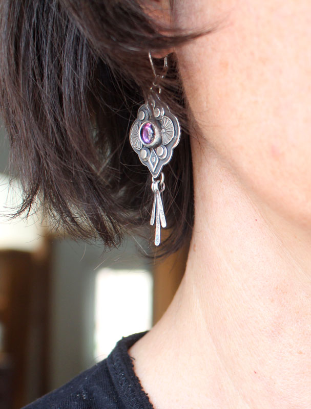 Hana, japanese flower earrings in silver and purple zircon