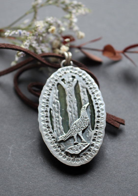 Heart of the forest, raven spirit pendant in silver and labradorite