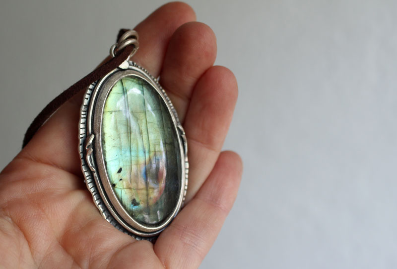 Heart of the forest, raven spirit pendant in silver and labradorite